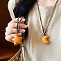 Wood Moon Star Pendant Adjustable Cotton Cord Long Necklace Sets for Women, Sandy Brown