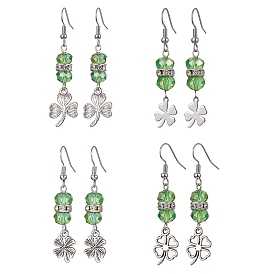 Alloy Clover Dangle Earrings, Green Glass Beaded Saint Patrick's Day Earrings