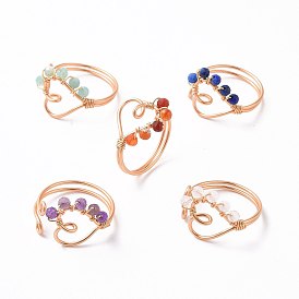 Heart Natural Mixed Stone Braided Bead Finger Rings, Light Gold Tone Copper Wire Wrapped Jewelry for Women