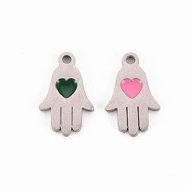 304 Stainless Steel Enamel Charms, Stainless Steel Color, Hamsa Hand/Hand of Miriam