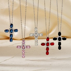 Brass Pave Cubic Zirconia Cross Pendant Necklaces, Western Style Jewelry for Women Men, Platinum