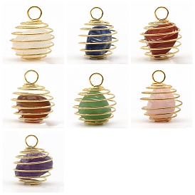 Natural Gemstone Nuggets Pendants, Golden Plated Round Spring Bead Cage Charms