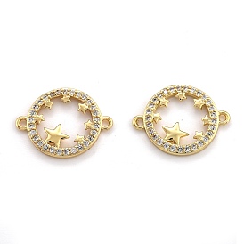 Brass Micro Pave Cubic Zirconia Links, Long-Lasting Plated, Flat Round with Star, Real 18K Gold Plated