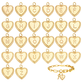 26Pcs 26 Styles Brass Initial Pendants, Heart with Letter A~Z Charms with Jump Rings, Long-Lasting Plated, Lead Free & Cadmium Free & Nickel Free, Rack Plating