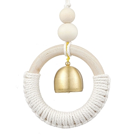 Wood & Cotton Threads Ring Pendant Decorations, with Brass Bell, for Home Door Hanging Ornaments