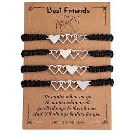 4шт 4 набор браслетов из нержавеющей стали в форме сердца, регулируемые браслеты из нейлонового шнура для семьи лучших друзей