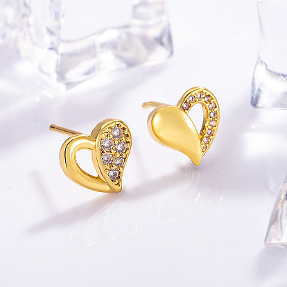 Brass Micro Pave Clear Cubic Zirconia Stud Earrings, Heart