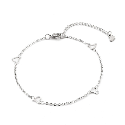 304 Stainless Steel Cable Chain Anklets, with Heart Links and Lobster Claw Clasps