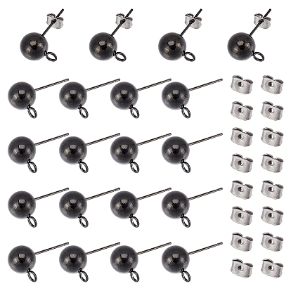 20Pcs 304 Stainless Steel Ball Stud Earring Findings, with Loop, 20Pcs Iron Ear Nuts