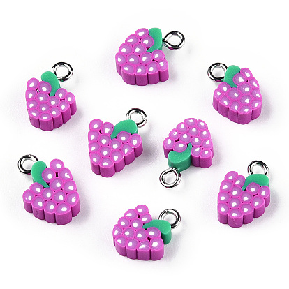 Autumn Theme Handmade Polymer Clay Pendants, with Iron Findings, Imitation Food, Grape, Platinum
