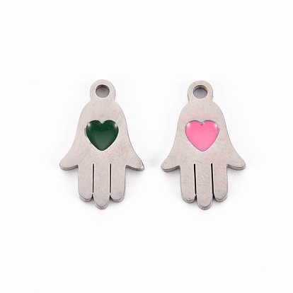 304 Stainless Steel Enamel Charms, Stainless Steel Color, Hamsa Hand/Hand of Miriam