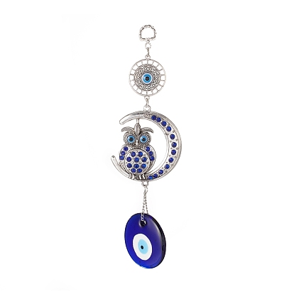 Handmade Lampwork Evil Eye Pendant Decorations, with Resin Rhinestone, Iron Chain, Iron Ring & Alloy Finding, Owl & Moon