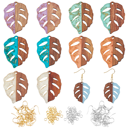 DIY Dangle Leaf Earring Making Kits, 1 Box 12Pcs Resin & Walnut Wood Pendants, 60Pcs Iron Earring Hooks, 100Pcs Jump Rings