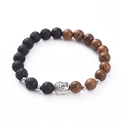 Bracelets extensibles unisexes, avec des perles de pierre de lave naturelle, Perles en alliage de style tibétain, 304 perles d'espacement en acier inoxydable et perles en bois, tête de bouddha
