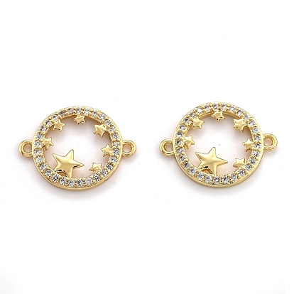 Brass Micro Pave Cubic Zirconia Links, Long-Lasting Plated, Flat Round with Star, Real 18K Gold Plated