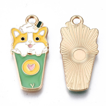 Eco-Friendly Alloy Enamel Pendants, Cadmium Free & Lead Free & Nickel Free, Cup with Dog, Light Gold