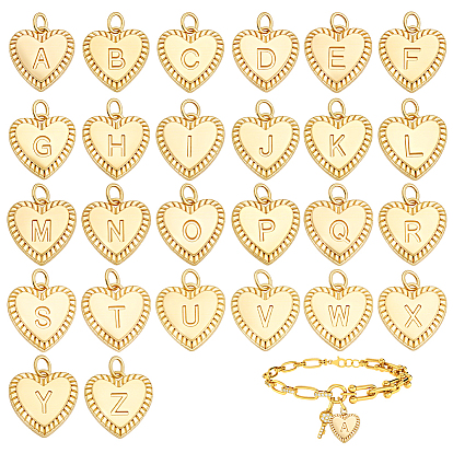 26Pcs 26 Styles Brass Initial Pendants, Heart with Letter A~Z Charms with Jump Rings, Long-Lasting Plated, Lead Free & Cadmium Free & Nickel Free, Rack Plating