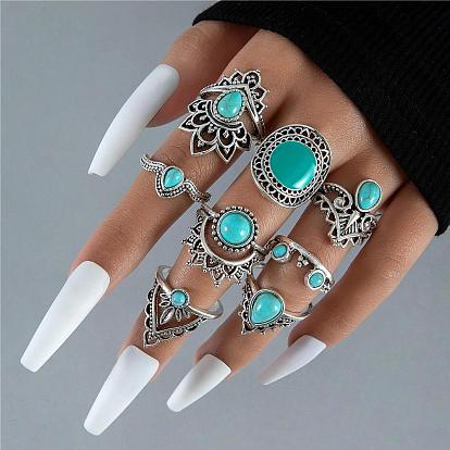 8Pcs 8 Style Synthetic Turquoise Finger Rings Sets, Crown & Flower Alloy Stackable Rings