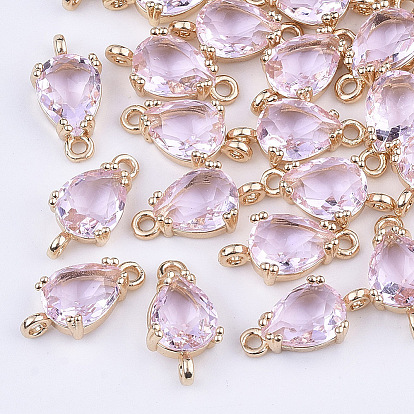 Connecteurs de liens en verre transparent, avec les accessoires en laiton, facette, larme, or et de lumière, perle rose, 13x7x3.5mm, Trou: 1.2mm