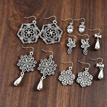 Boucles d'oreilles pendantes en alliage de zinc pour femmes, argent antique