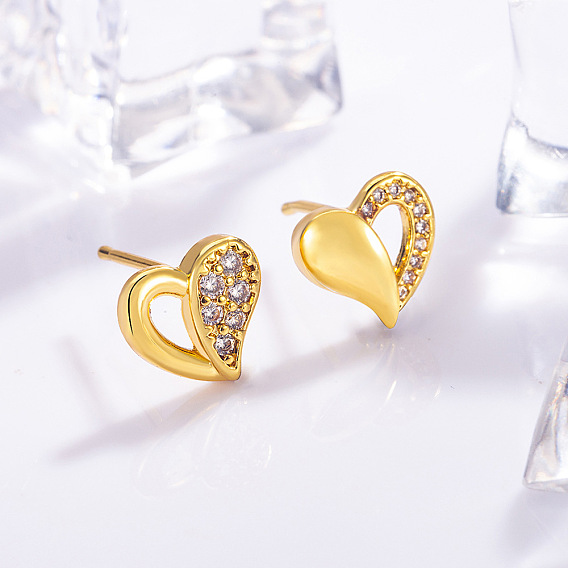 Brass Micro Pave Clear Cubic Zirconia Stud Earrings, Heart