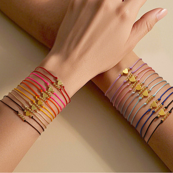 2шт. 2 стили богемные латунные бусины плетеные браслеты из бусин, Браслеты из нейлоновой нити плетеные для женщин, круглый и сердце, золотые