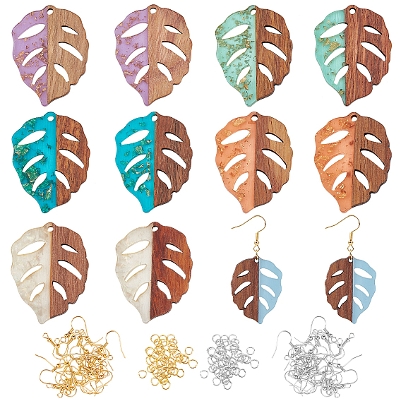 DIY Dangle Leaf Earring Making Kits, 1 Box 12Pcs Resin & Walnut Wood Pendants, 60Pcs Iron Earring Hooks, 100Pcs Jump Rings