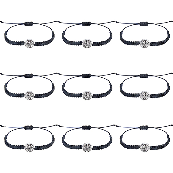 10 Bracelets à maillons en alliage ajustables (pièces), Bracelets tressés en cordon ciré pour hommes et femmes, plat et circulaire avec Saint Benoit