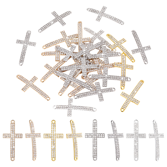 40Pcs 4 Colors Religion Alloy Crystal Rhinestone Connector Charms, Curved Cross Charms