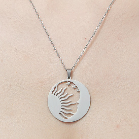201 Stainless Steel Hollow Sun & Moon Pendant Necklace