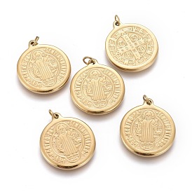 Ion Plating(IP) 304 Stainless Steel Pendants, with Jump Ring, Flat Round, Saint Benedict Medal