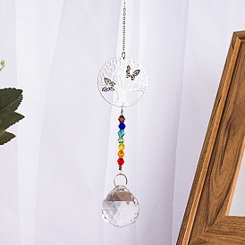 Crystals Chandelier Suncatchers Prisms Chakra Hanging Pendant, with Iron Cable Chains, Glass Beads and Brass Pendants, Flar Round with Tree of Life & Round