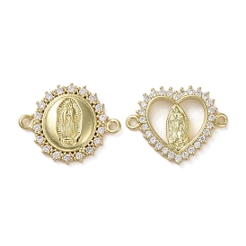 Heart/Oval Religion Brass Micro Pave Clear Cubic Zirconia Connector Charms, Virgin Mary Links, Real 16K Gold Plated