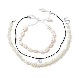 3Pcs Bohemia Natural Cowrie Shell & White Shell Beaded Necklaces, Holiday Beach ABS Plastic Imitation Pearl Beads Necklaces for Women Girls