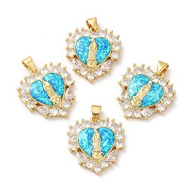 Rack Plating Brass Micro Pave Cubic Zirconia with Synthetic Opal Pendants, with Jump Ring, Lead Free & Cadmium Free, Long-Lasting Plated, Heart with Saint