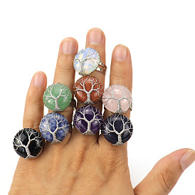 Metal Wire Wrapped Gemstone Open Cuff Rings, Flat Round with Tree of Life Ring for Men