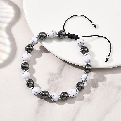 Регулируемые браслеты из синтетического говлита и немагнитного синтетического гематита с круглыми плетеными бусинами для женщин и мужчин., с плетеным нейлоновым канатом