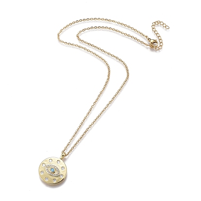 Brass Micro Pave Cubic Zirconia Pendant Necklaces, with 304 Stainless Steel Cable Chains, Flat Round with Eye