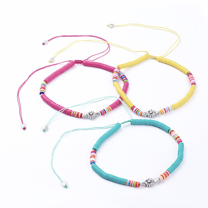 Colliers de perles tressés avec cordon de nylon ajustable, avec des perles heishi en pâte polymère, perles en alliage de style tibétain et perles de fer