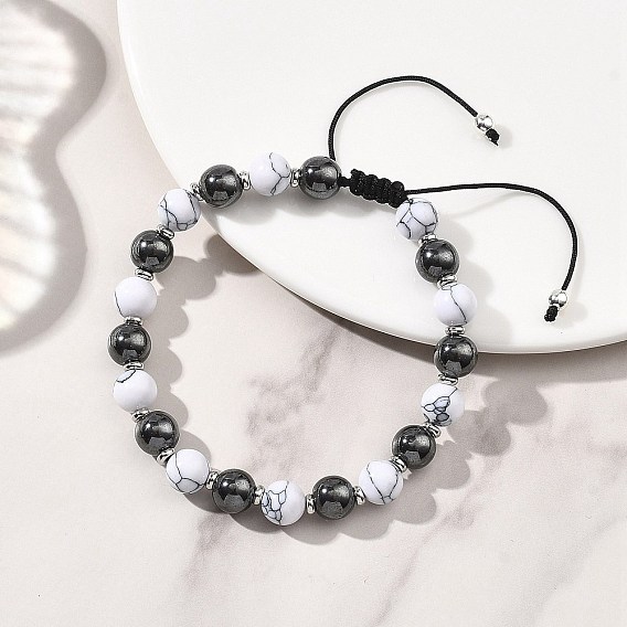 Регулируемые браслеты из синтетического говлита и немагнитного синтетического гематита с круглыми плетеными бусинами для женщин и мужчин., с плетеным нейлоновым канатом