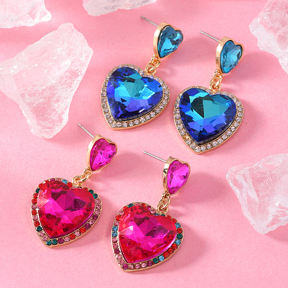 Серьги-гвоздики в форме сердца из цинкового сплава и стекла, со стразами, золотые