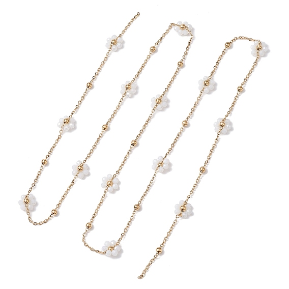 Flower Glass Beaded Link Chain, with 304 Stainless Steel Satellite Chain, Soldered
