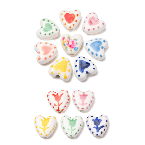 Handmade Porcelain Beads, Hand Painted, Famille Rose Porcelain, Heart/Tulip