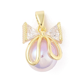 Brass Glass Pendants, with ABS Imitation Pearl, Bowknot with Teardrop Charm