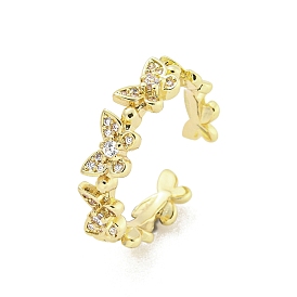 Brass Micro Pave Cubic Zirconia Cuff Rings, Butterfly Open Rings for Women, Long-Lasting Plated