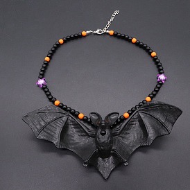 Акриловый кулон в виде летучей мыши на Хэллоуин, ожерелья из пластиковых круглых бусин, с конечными железными цепями, платина