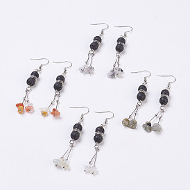 Perles de pierres précieuses naturelles, avec des perles de pierre de lave naturelle et des perles d'espacement en alliage, crochets en laiton et broches à tête sphérique en acier inoxydable 304, platine