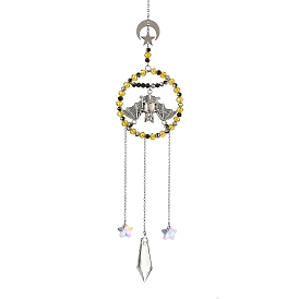 Atrapasueños colgantes de aleación con forma de murciélago de Halloween, dije de metal con forma de luna y estrella, cuentas de vidrio y dijes cónicos para decoración de pared con prismas de ventana.