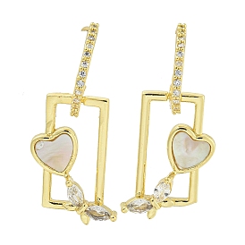 Heart with Butterfly Brass Clear Cubic Zirconia Stud Earrings, with Shell, Lead Free & Cadmium Freeree