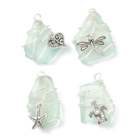 Sea Glass Pendants, with Tibetan Style Zinc Alloy Wire Wrapped Charms